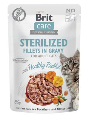 BRIT CARE Cat Sterilized Filetti in salsa con coniglio arricchiti con olivello spinoso e nasturzio 85 g