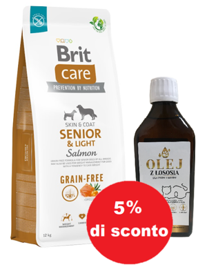 BRIT CARE Dog Grain-free Senior & Light Salmone 12kg + Olio di salmone 250ml - 5% di sconto