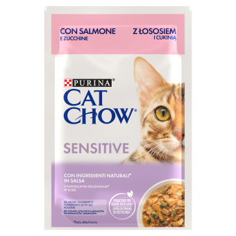 CAT CHOW Cibo sensibile per gatti con salmone e zucchine in salsa 85g