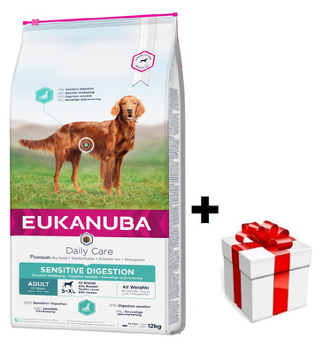 Eukanuba Cura quotidiana Adult Sensitive Digestion 12kg + sorpresa per il cane GRATIS