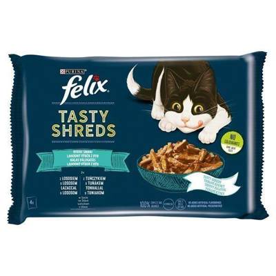 FELIX Tasty Shreds cibo umido per gatti con salmone e tonno in salsa 4x80g