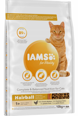 IAMS-Alimento secco per gatti Vitality Hairball per gatti adulti e anziani, con pollo 10 kg