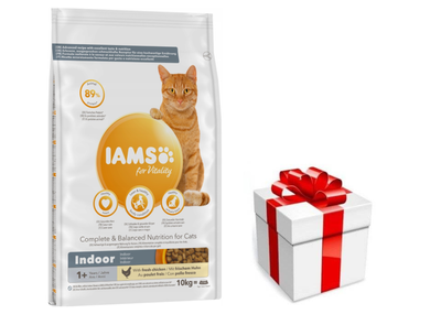 IAMS-Alimento secco per gatti Vitality Indoor per gatti adulti e anziani che vivono in casa, pollo 10 kg + sorpresa per il gatto GRATIS